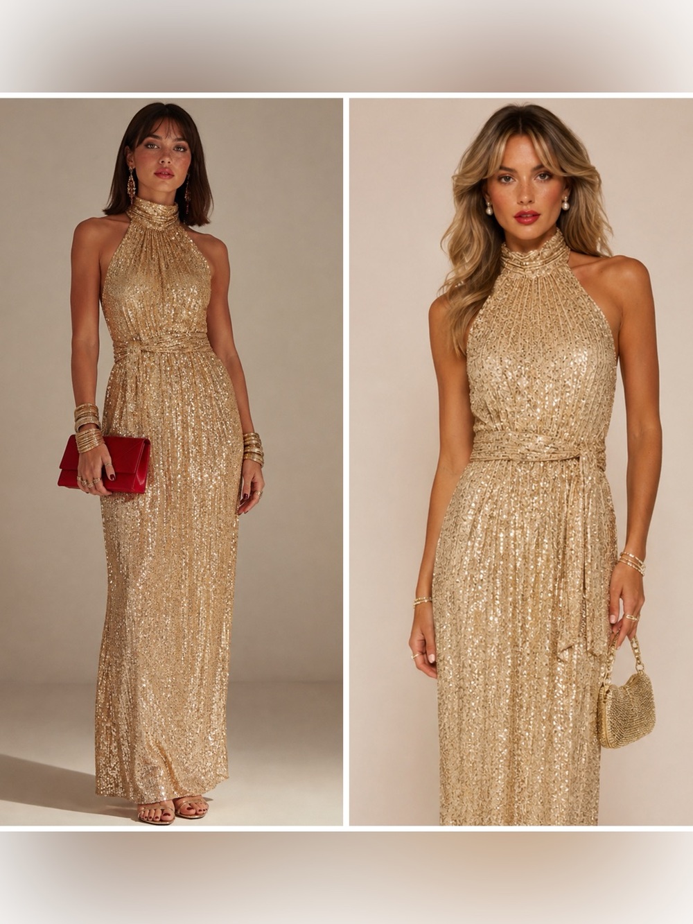 Mac Duggal Gold Sequin Halter Maxi Dress
